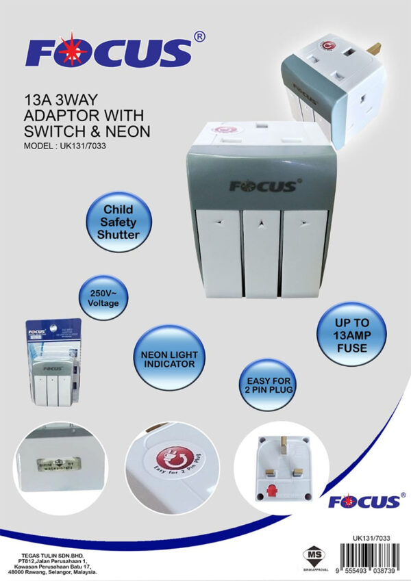 Focus 13A 3Way Adaptor with Switch & Neon - Image 2